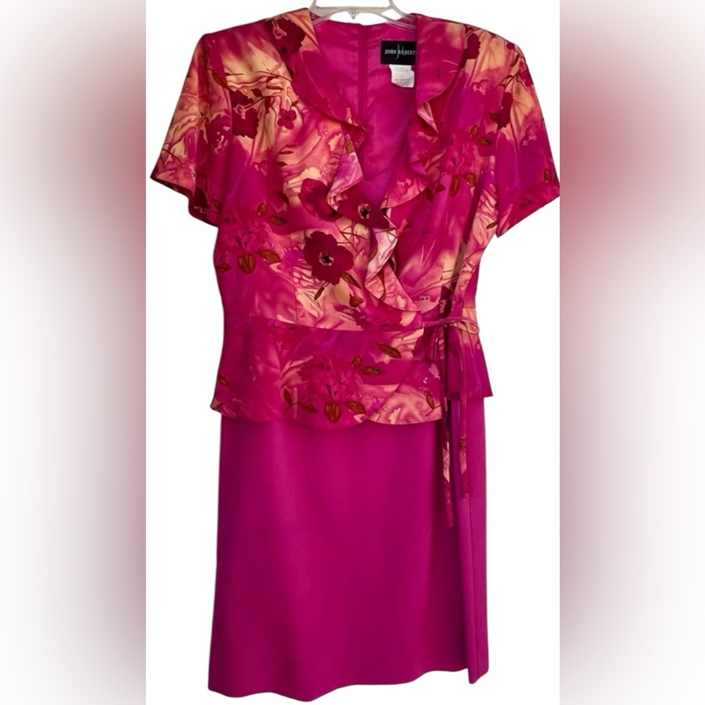 JOHN ROBERTS Peplum Wrap SHORT SLEEVE V NECK RUFFLED DRESS SIZE 12 Coral Pink
